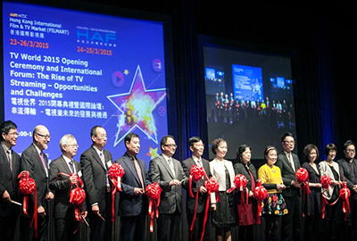 Mr. Kit Szeto, Director & CEO of Dim Sum TV performing the ribbon-cutting ceremony alongside other TV industry representatives and guests of honour.