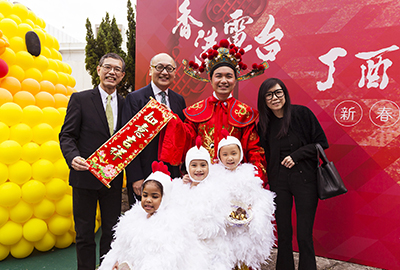 from left to right: Mr Chan Yiu-wah, Assistant Director of Broadcasting; Mr Kit Szeto, Director & CEO of Dim Sum TV; Ms. Ceci Chuang, Vice President of Dim Sum TV, capturing the festive moment