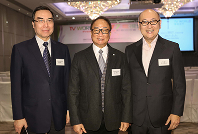 From left to right:  Mr. Xue Jian Hua, Director & Editor-in-chief of Hong Kong Satellite TV; Mr. Tsui Siu Ming, Chairman of the HKTVA; Mr. Kit Szeto, Director & CEO of Dim Sum TV